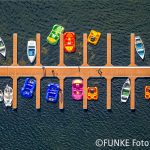 Bootsliegeplätze, Tretbootverleih, Unterbacher see, Badesee, Düsseldorf, Rheinland, Nordrhein-Westfalen, Deutschland